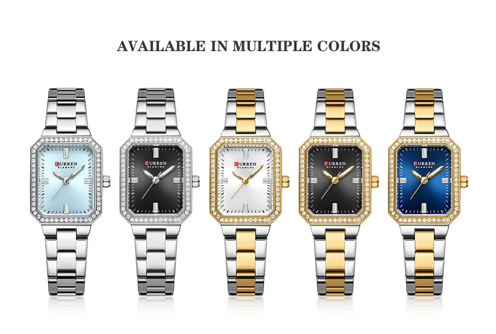 CURREN Luxurious Elegant Women's Watches Classic Rectangular Dial with Rhinestones Luminous Hands Waterproof