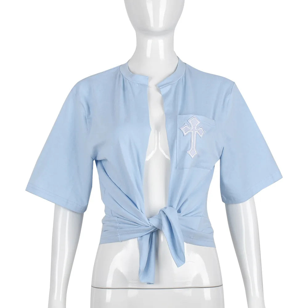 Perl White Cross Hollow Out Shirts for Women Summer Short Sleeve Female Clothes Fashion Christianity Pattern Crop Top Casual Tee