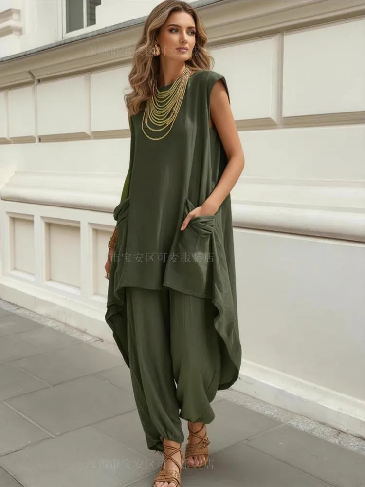 Women Loose Two-piece Sets Sleeveless Large Pockets Irregular Long Top Wide-leg Trousers Summer Casual Holiday Solid Color Suits