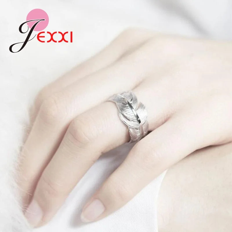 Authentic 100% 925 Sterling Silver Dazzling Feather Shape Open Finger Rings For Women Crystal Jewelry Christmas Gift Adjustable
