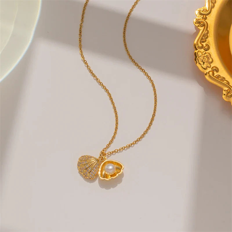 Summer Fashion Crystal Zircon Shell Imitation Pearl Pendant Necklace For Women  Collar Beach Neck Jewelry