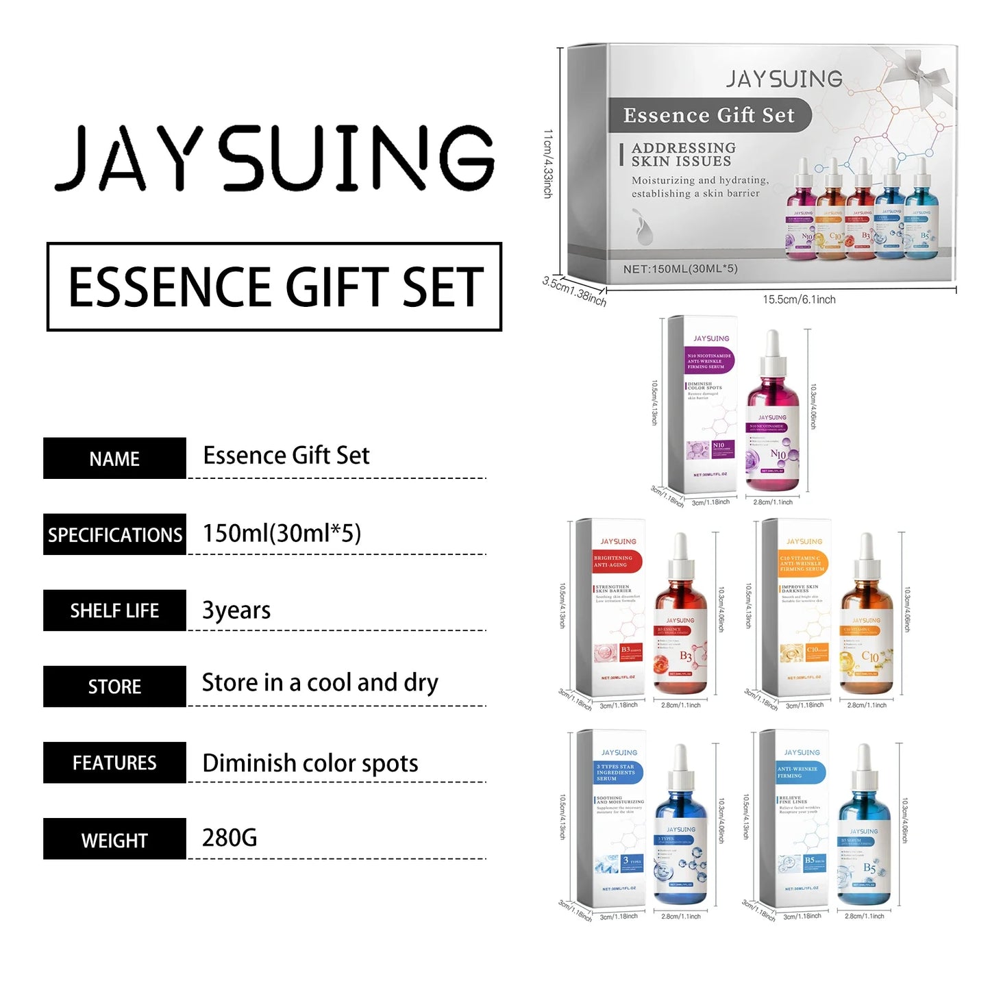 Facial Serum Skin Care Sets 5PCS Hyaluron Acid Vitamain C Niacinamide Fade Wrinkle Shrink Pores Moisturizing Brighten B5 Essence