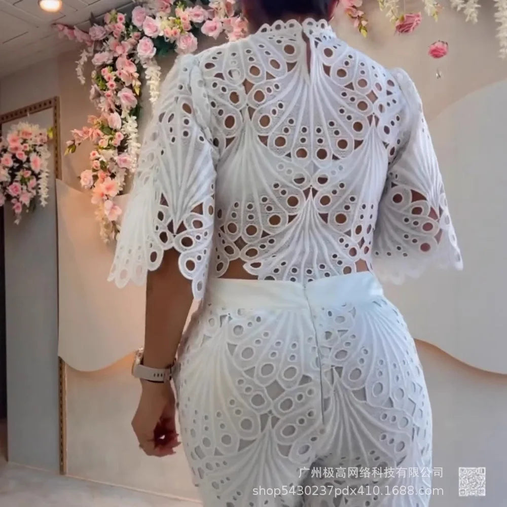 Women 2 Pieces Outfit Lace Hollow Out Bell Sleeve Crop Top and Casual Slim Fit Straight Leg Pants Set