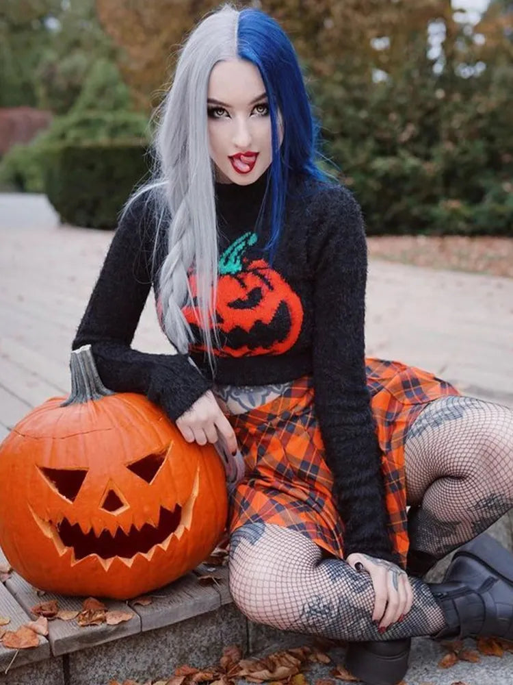 Halloween Sweater Turtleneck Pullover Crop Long Sleeves Halloween Grunge Top