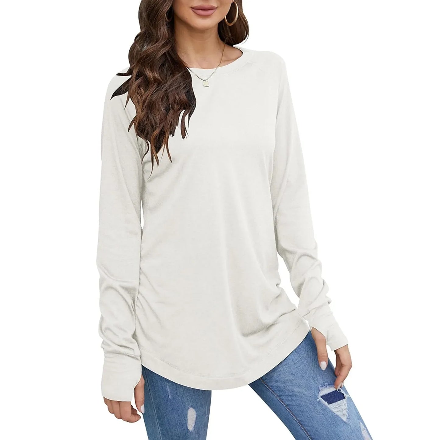 Women's Solid Round Neck Loose Long Sleeve Medium Length Leaky Thumb T-shirt Top
