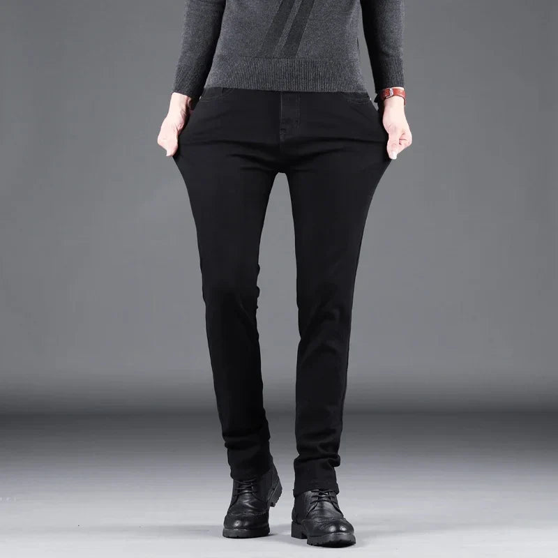 New Men Pure Black Slim Jeans, Elastic Pants Business Fashion Leisure Denim Pants.