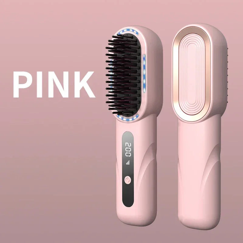 Electric LCD Usb Ceramic Heating Straight Hair Comb Wireless Portable Negative Ion Styling Tool Rechargeable Straightening Brush