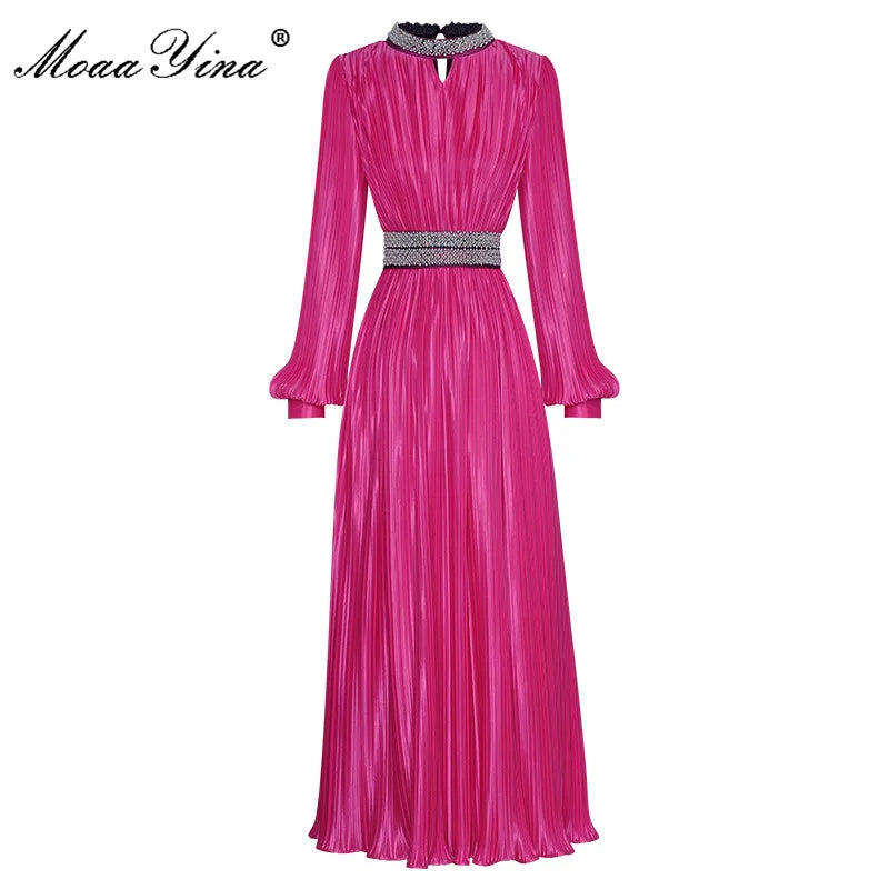 MoaaYina Fashion Designer dress Spring Women's Dress Beading Stand collar Lantern Sleeves Lace-up Pleated Dresses