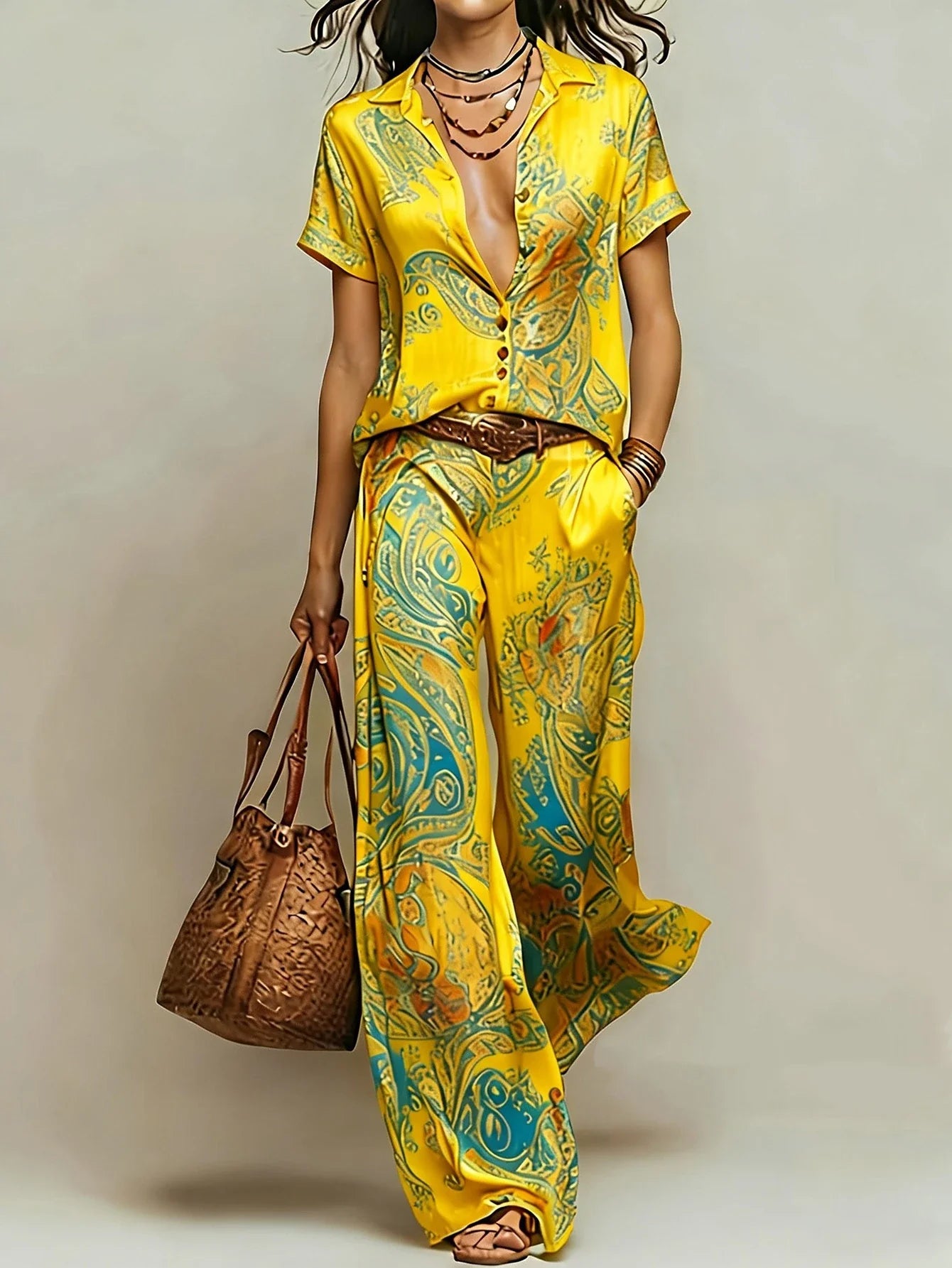 Women's Boho Paisley Print Two-Piece Set V-Neck Short Sleeve Blouse Top Wide Leg Pants Casual Loose Suit for Vacation