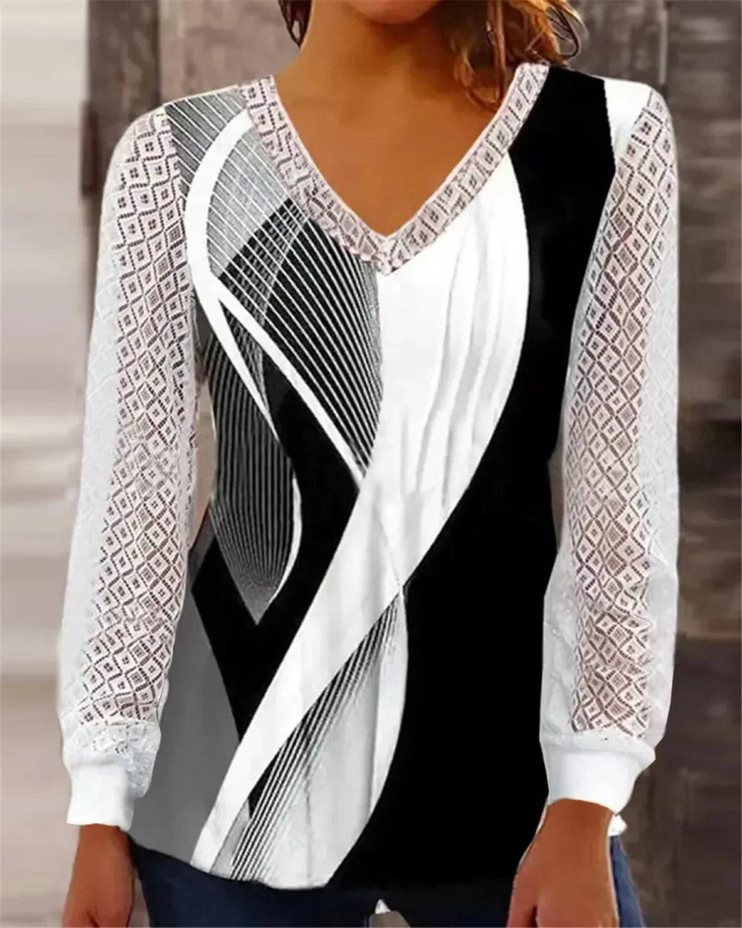 Fall Winter 2024 New V-neck Loose Geometric Pattern Print Fashion Openwork Lace Top Casual Sexy and Elegant Perspective Quilting