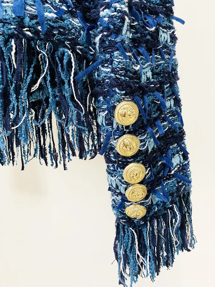 HIGH STREET Newest 2023 Fall Winter Fashion Designer Jacket Women Lion Buttons Embellished Tassel Knit Cardigan