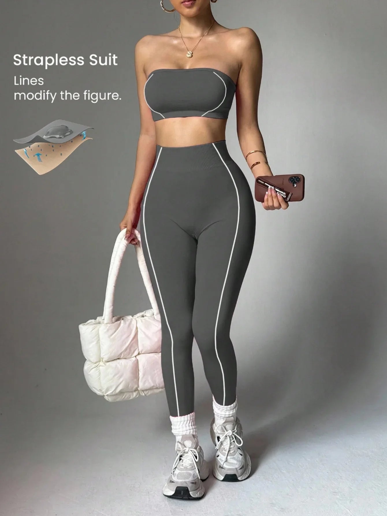 Women Strapless Bandeau Sports Bra Seamless High Waist Yoga Leggings Set Padded Workout Fitness Gym 2 Piece Outfits
