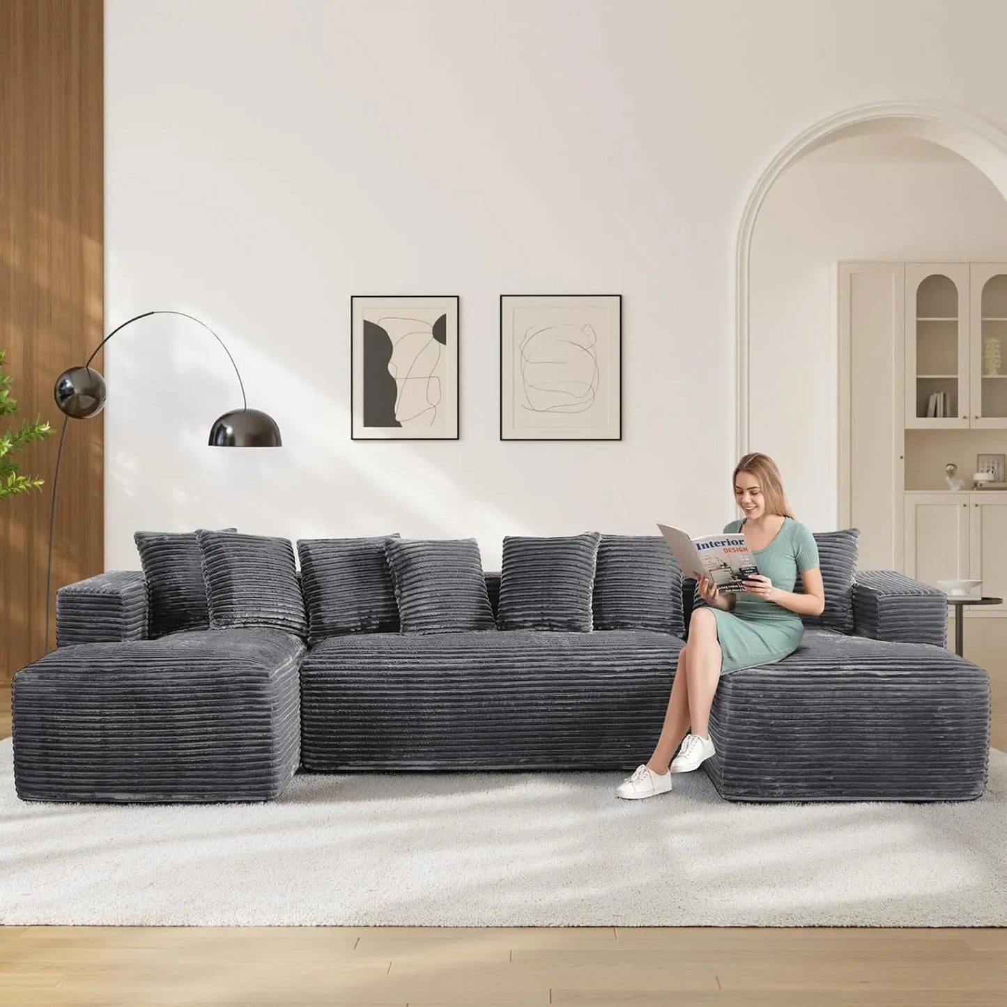 131" Oversized Cloud Boneless Couch Sofa with Chaise, Black, Custom