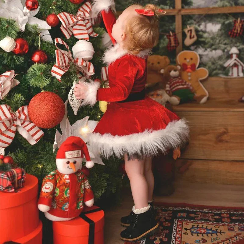 1-6years Kids Girl Christmas Dress Long Sleeve Furry Patchwork Dress With Bowknot Cosplay Xmas Dress For Girls