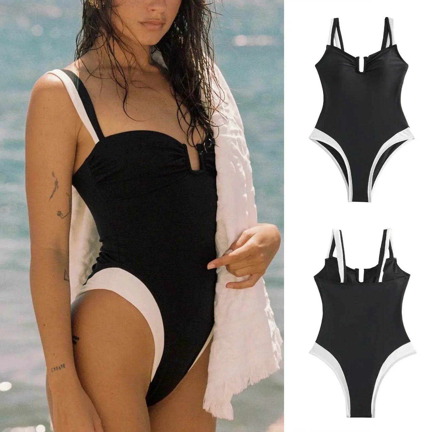 2024 New Black White One Piece Swimsuit Sexy Swimwear Women Bathing Suit Beach Backless Monokini Swimsuit Female Beachwear