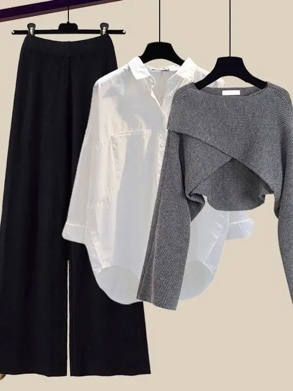 Fall Winter Knitwears 3 Pieces Set For Women Plaid Knitted Vest+solid Blouse+wide Leg Knitting Pants Sets Women Outfits 2024