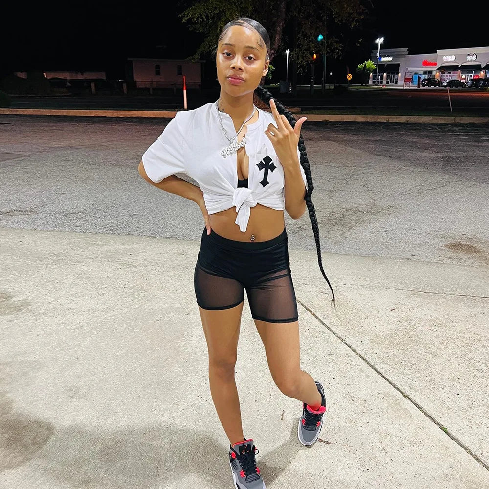 Perl White Cross Hollow Out Shirts for Women Summer Short Sleeve Female Clothes Fashion Christianity Pattern Crop Top Casual Tee