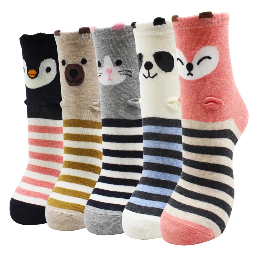 5 Pairs Fashion Colorful Kawaii Cute Cartoon Cotton Women Socks Harajuku Korean Halloween Cat Dog Owl Duck Fox Girl Socks