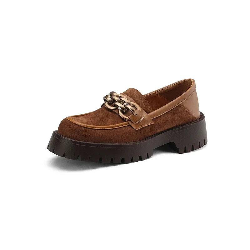 NEW Spring/Autumn Women Loafers Round Toe Chunky Heel Shoes Sheep Suede Shoes for Women Retro Metal Buckle Platform Women Shoes