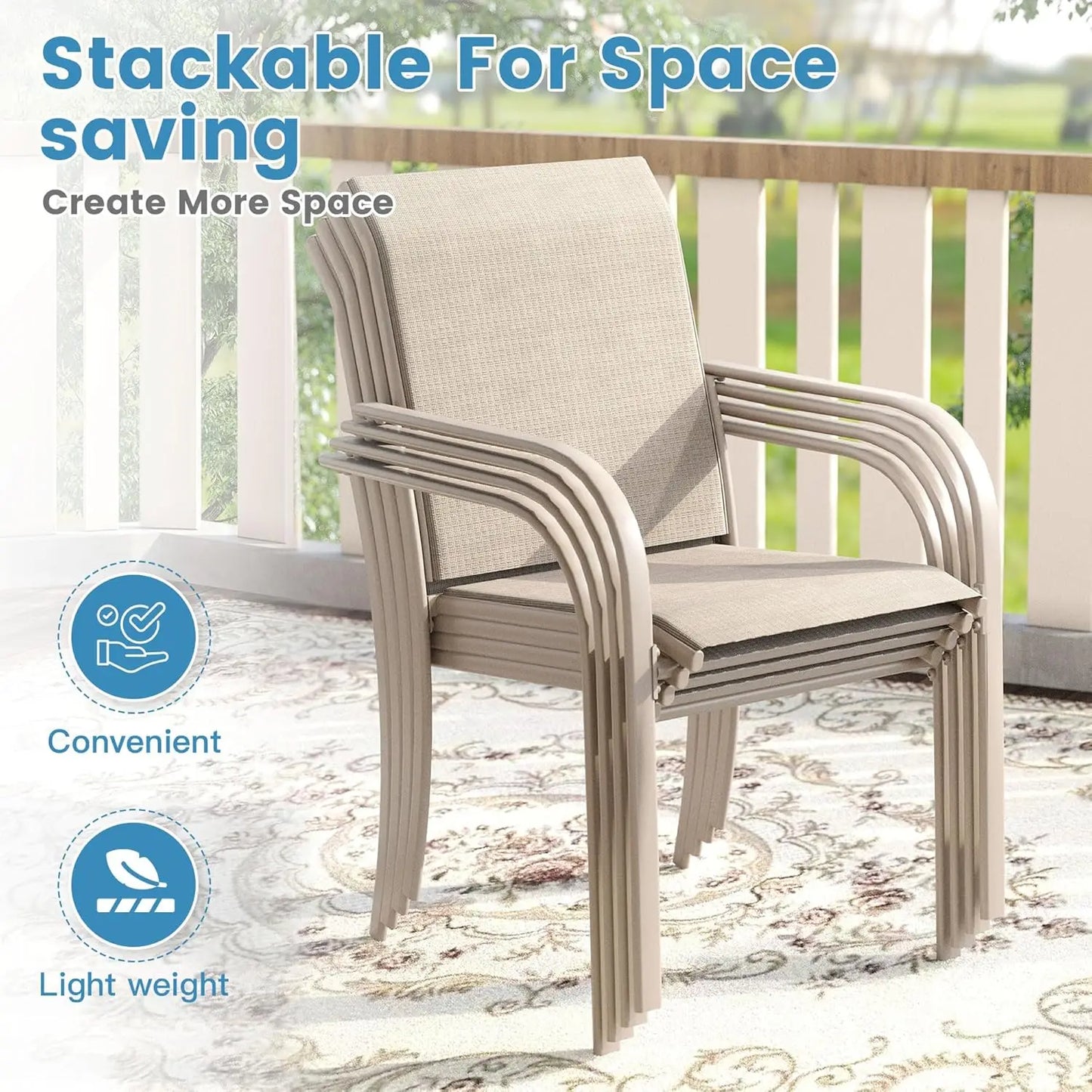 7-piece outdoor patio dining set, sand-shell rectangular metal dining table and 6 sand-shell stackable harness-top dining chairs