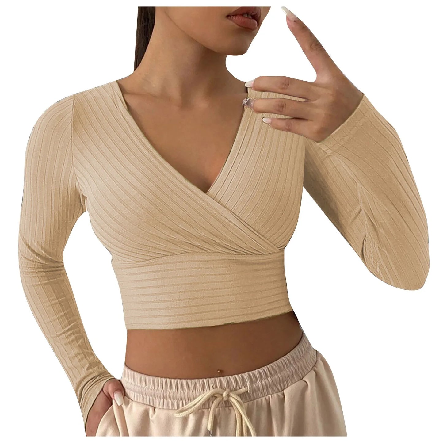 Sexy Cross Wrap V Neck Ribbed Knit T Shirt Women's Crop Tops Sexy Slim Fit Solid Spring Fall Long Sleeve Y2k Clothes Pink Tops