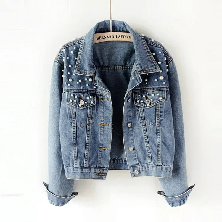 2024 Autumn Trendy Women's Pearl-Studded Denim Jacket Korean Fashion Streetwear Outfits Plus Size Chic Loose Short Jean Jacket