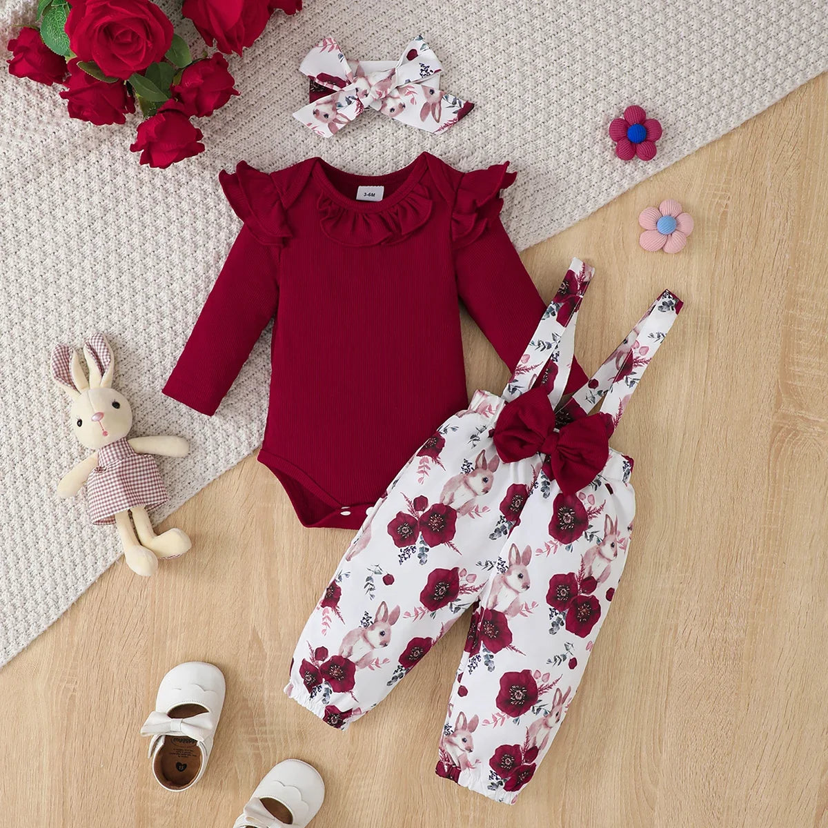 0-18months Baby Girl Clothes Set Red Color Long Sleevs Bodysuit
