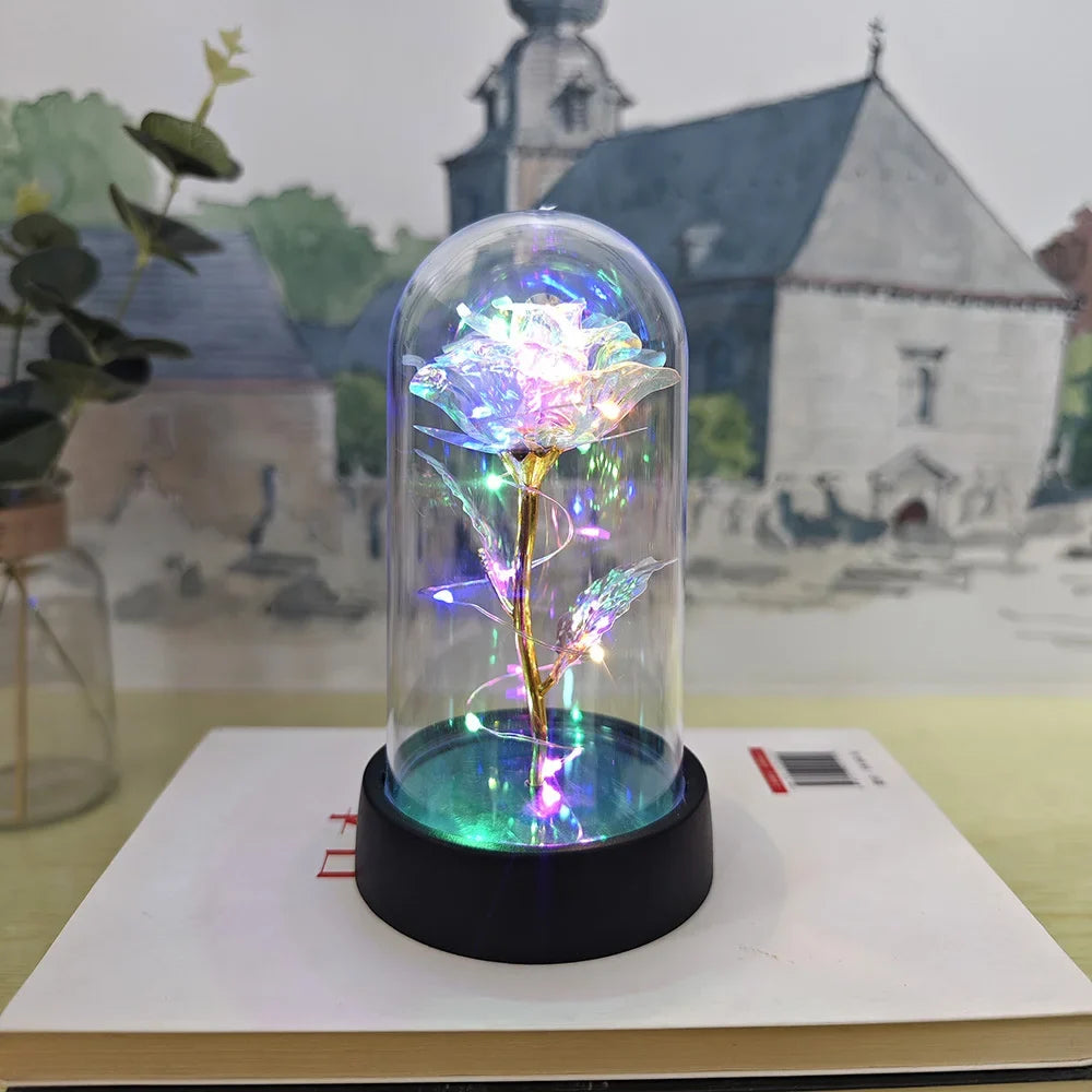 LED Valentine Day Gift For Girlfriend Eternal Rose Light 24K Gold Foil Flower In Glass Cover Mothers Day Wedding Bridesmaid Gift