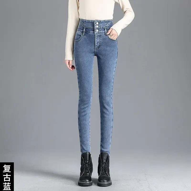 New Winter Thick Velvet Women High Waist Skinny Jeans Simple Fleece Warm Slim Fit Stretch Ladies Casual Denim Mom Pencil Pants