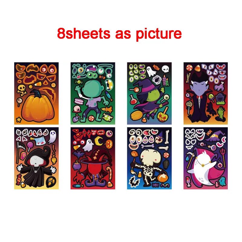 Halloween Party Favors Stickers for Kids 6-24sheets DIY Ghost Witch Mummy Make A Face Stickers Children Toddles Puzzle Jigsaw