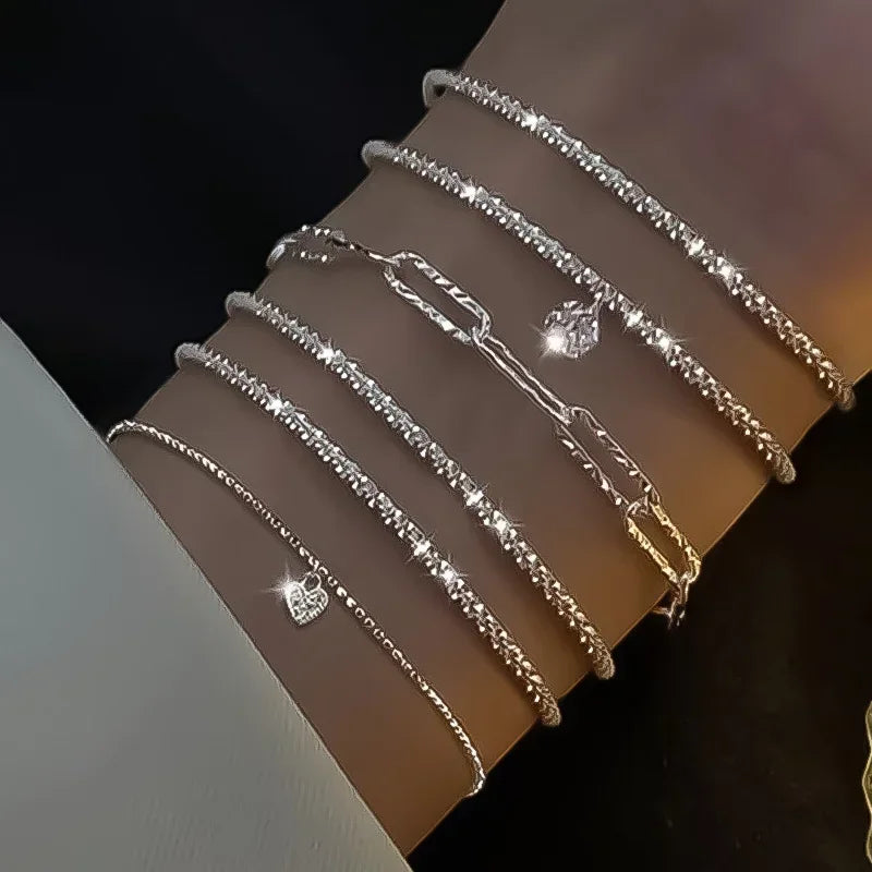 6pcs 925 Sterling Silver Rhinestone Bracelets for Women Girls Luxury
