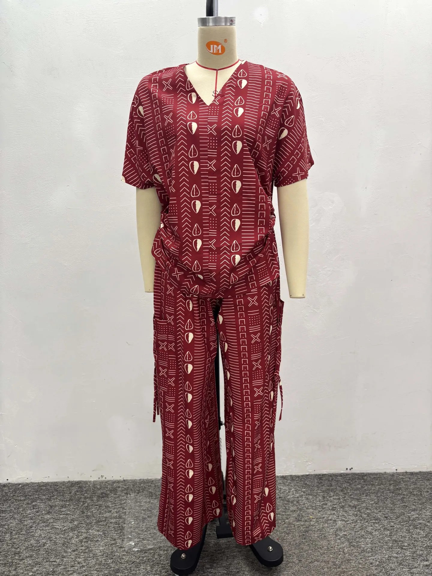 Women Two Pieces Pant Sets Solid Matching Set Pullover V Neck Printing Top High Waist Lace Up Pants Loose Fit Casual 2025 Summer