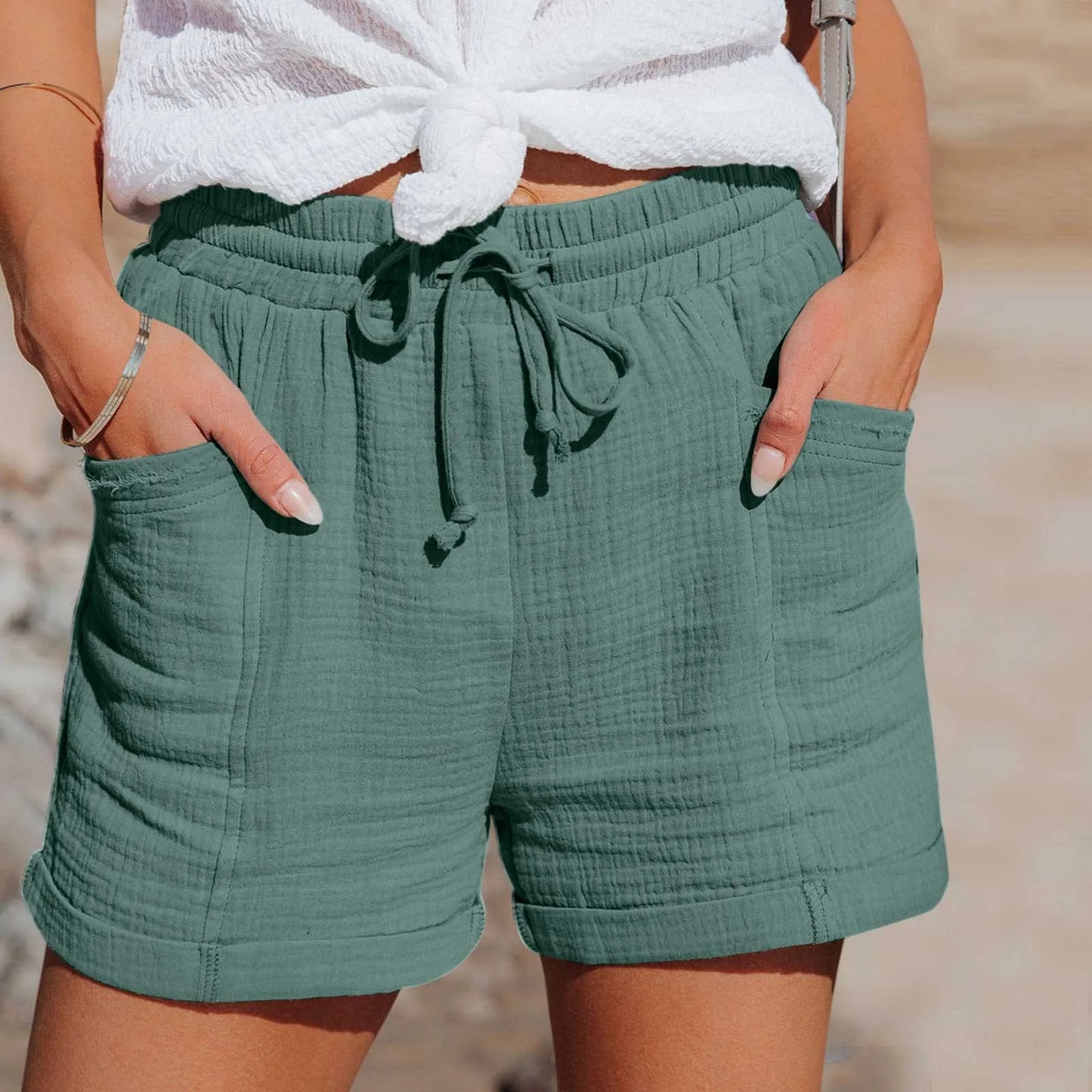 Summer Cotton Linen Shorts Women'S Drawstring High Waist Short Pants With Pockets Sports Casual Basic Cortos Pantalones 2024