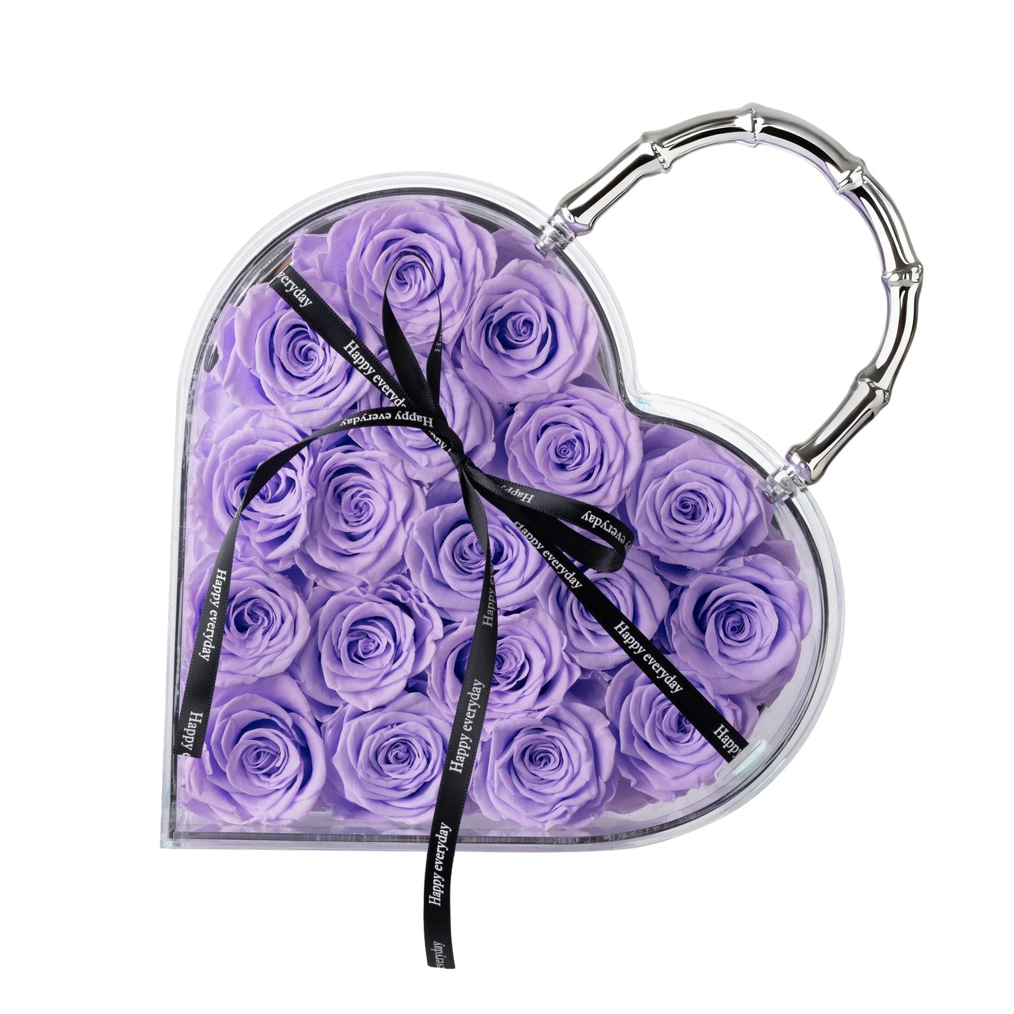 18 Preserved Roses in Heart Acrylic Display Case with Handle, Home Decor & Holiday Gift for Women, Anniversary, Valentine’s Day