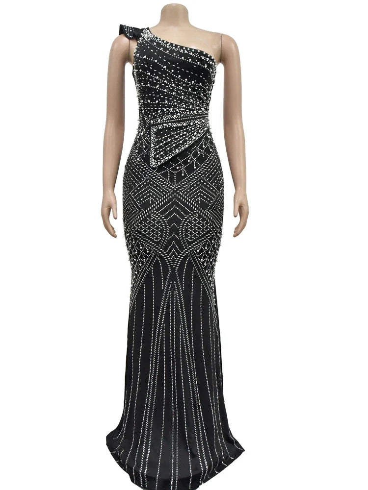 Elegant Single Shoulder Pearls Rhinestone Maxi Dress Long One-Piece Dress Gown Luxury Sequins Woman Party Dress Night Clubwear