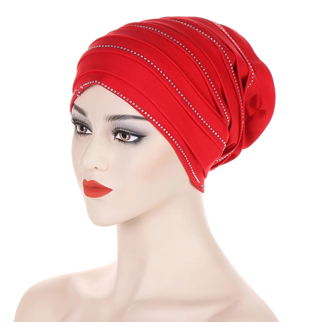 2024 New Rhinestones Women's Pleated Turban Cap Candy Color African Hat Nigeria Geles Muslim Headscarf Bonnet Ladies Head Wraps