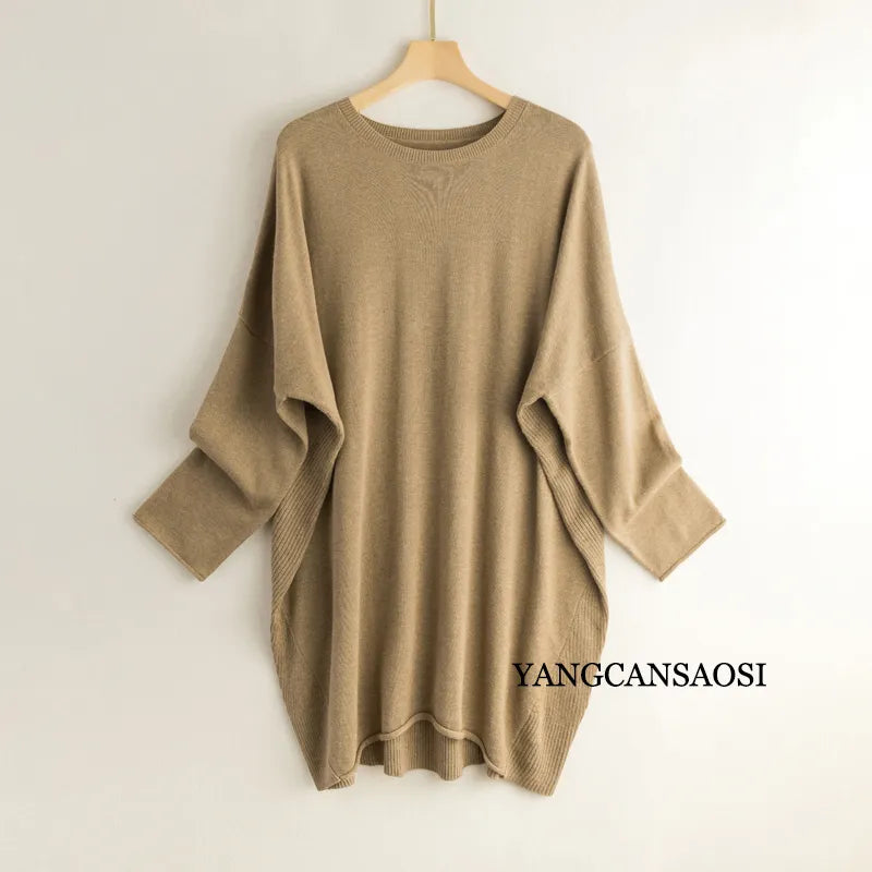 Silk Cashmere Sweater Women's Mulberry Silk Round Neck Solid Color Bottomed Shirt Top Medium Long Batwing Sleeve Loose Sweater