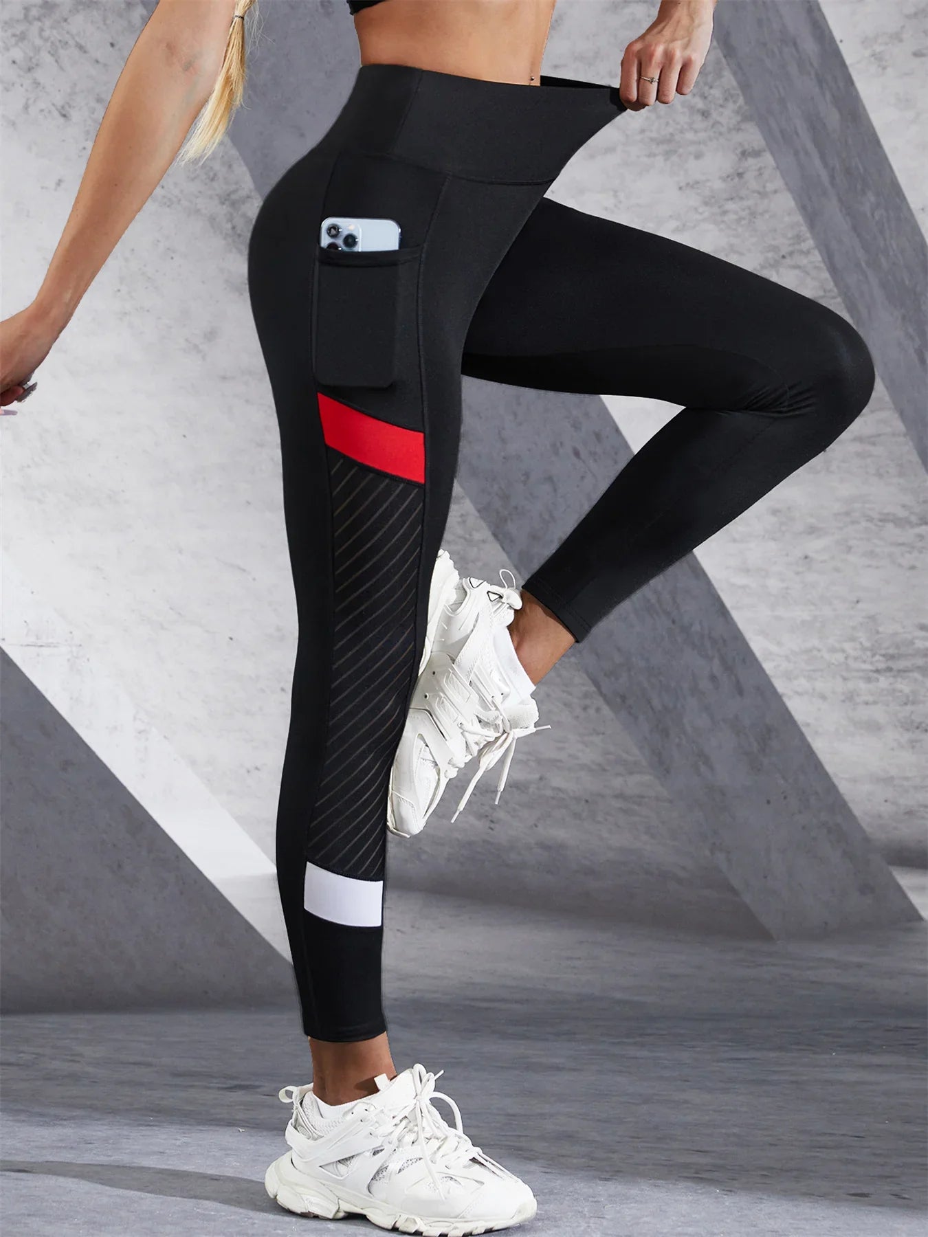Colorblocked Mesh High Waist Yoga Pants with Side Pockets Leggings for Women Tummy Control Workout Shaping Leggings