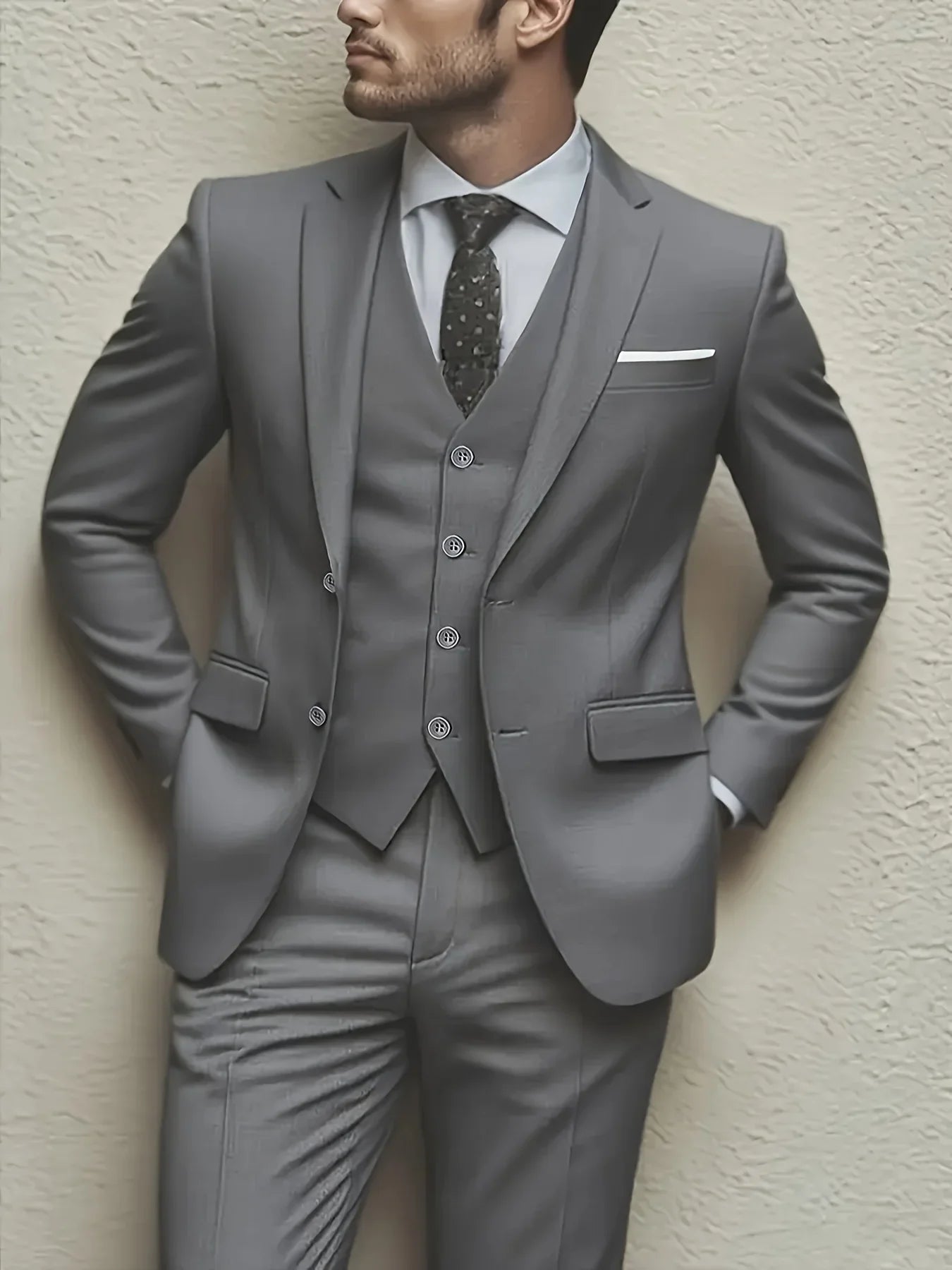 Men 3pcs Suit Set, Jacket + Vest + Pants, Fashionable High-Quality, Formal Attire.
