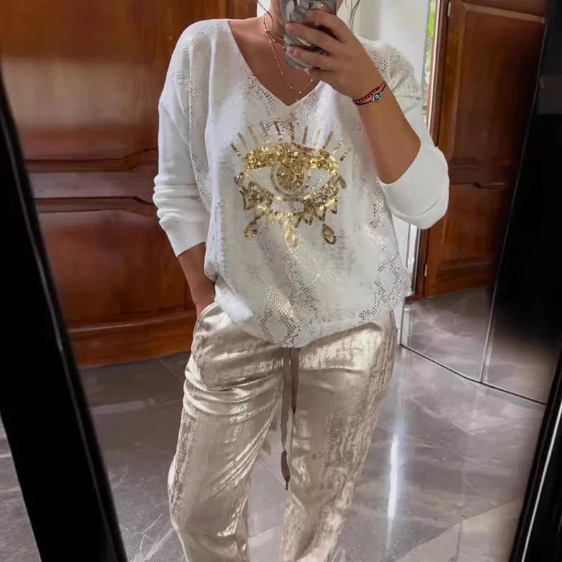 Women's Gold Shining Eye 2 Piece Set Long-Sleeved Top V-Neck Pullover Bronzing Pants Outfit Lace-up Loose Suit Spring Summer