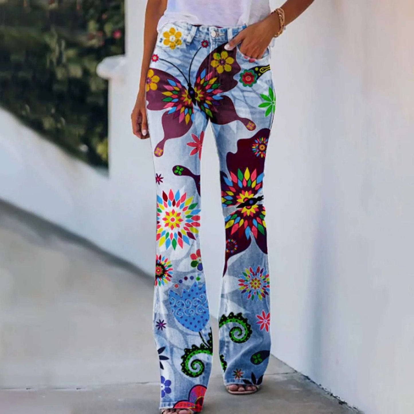 Jeans For Women High Waist Cargo Pants Bootcut Distressed Flared Denim Print Pants Flower Print Faux Denim Jeans Джинсы Женский