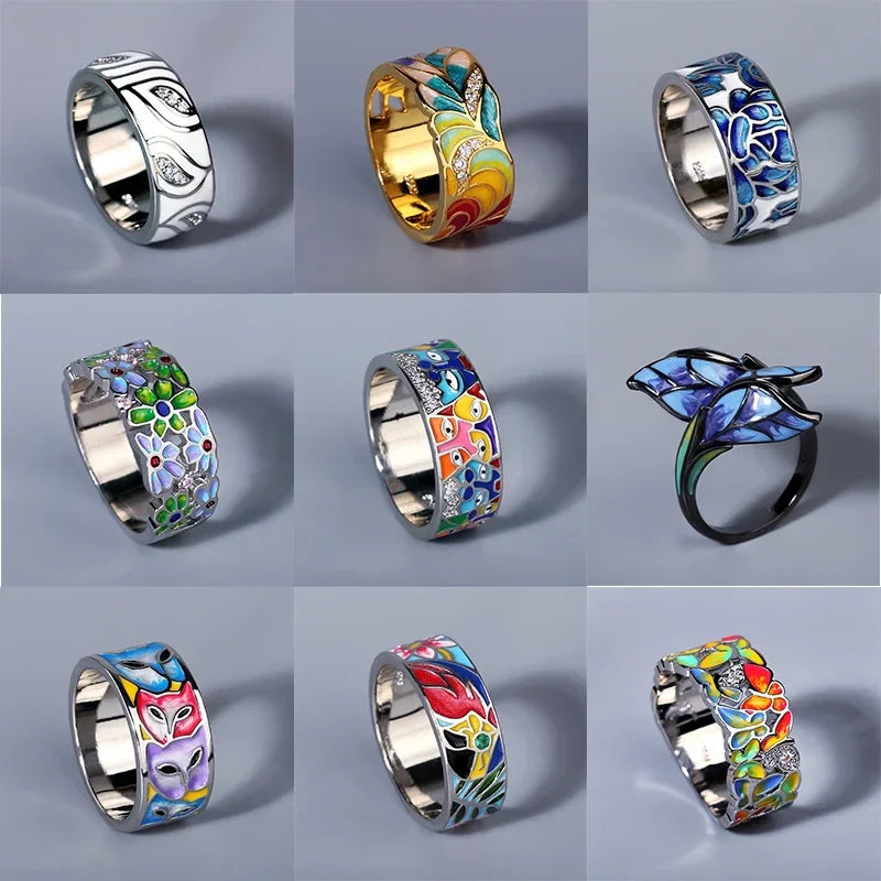 2024 New Silver Rings for Women Creative Handmade Enamel Craft Women's Rings 925 Silver Women's Party Jewelry Epoxy Craft