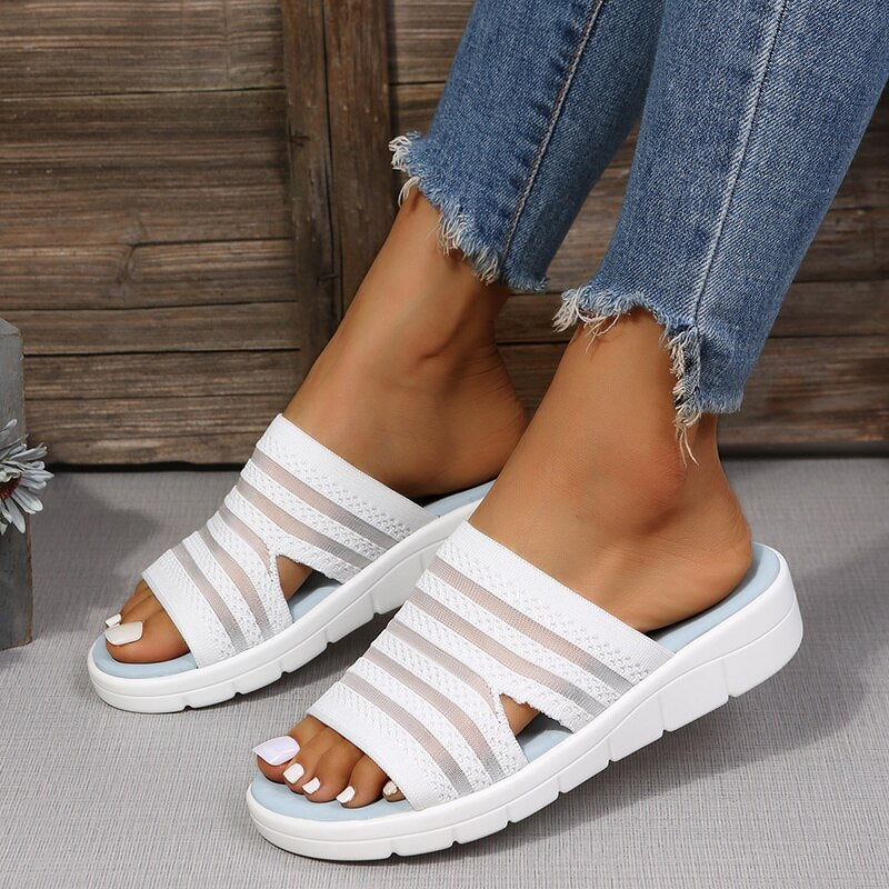Slippers Women's 2022 Summer New Fashion Open-toe Hollow Round Head Flip-flops Flat Bottom Gray Fish Mouth Wedge Sandalias Mujer