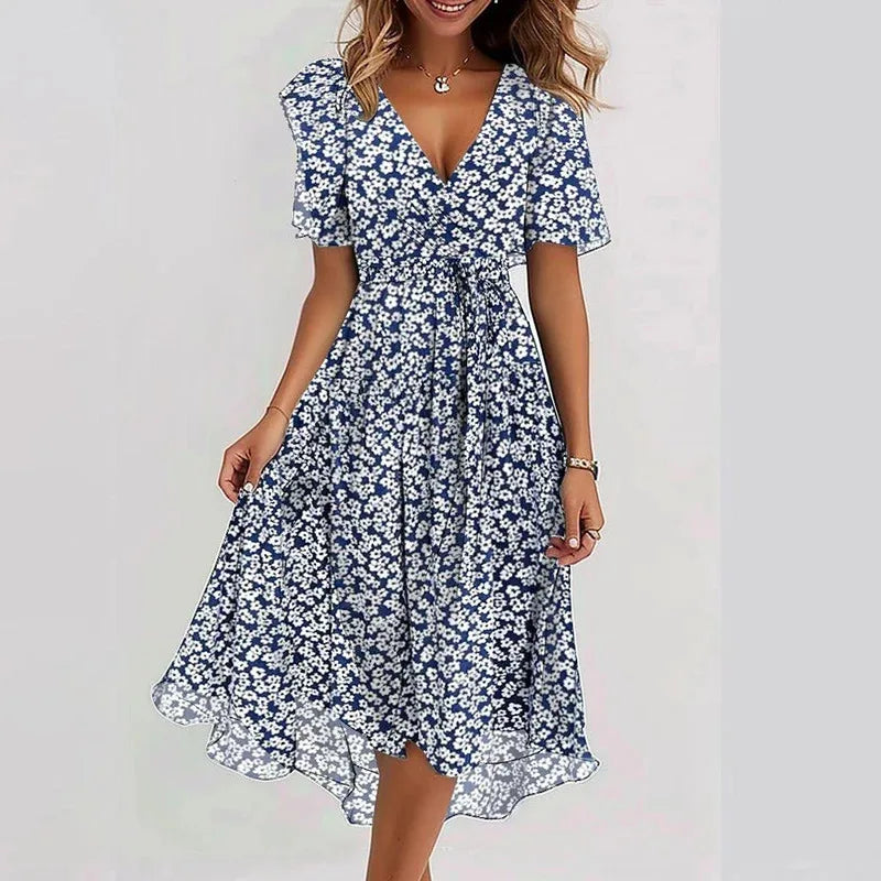 Elegant Sexy V Neck Floral Chiffon Mini Skirt Ladie Summer High-waisted Short Sleeve A-Line Bohemian Dress Evening Dress