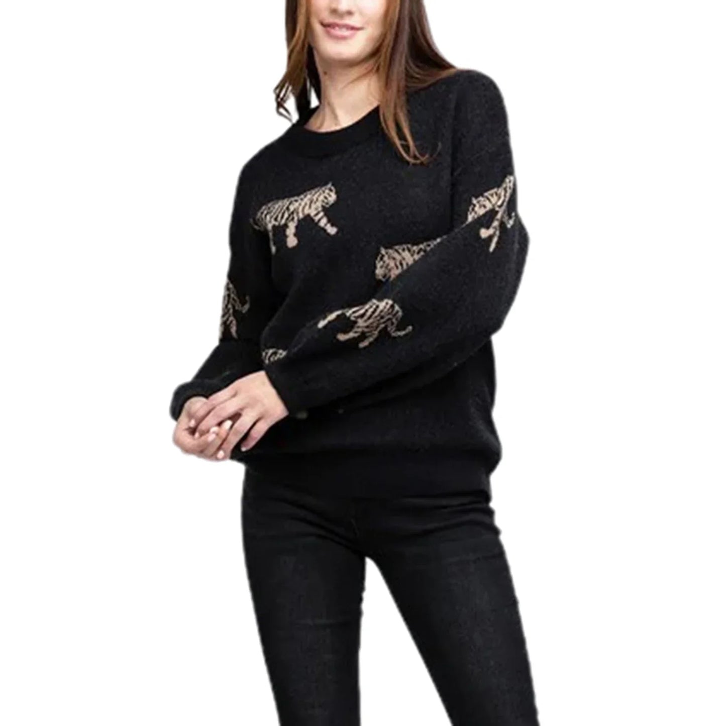 Cozy Women s Sweater with Stylish Leopard Print Design Long Sleeves and Soft Knit Fabric for Autumn Fashion Statement