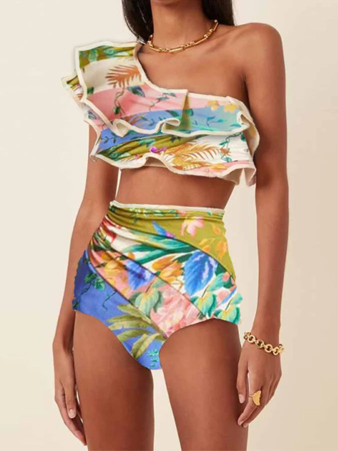 Women's Printed Ruffle Swimsuit Fashion One Shoulder Slash Breasted Bikini Two Piece High Waisted Tummy Tuck Beachwear 2024 New