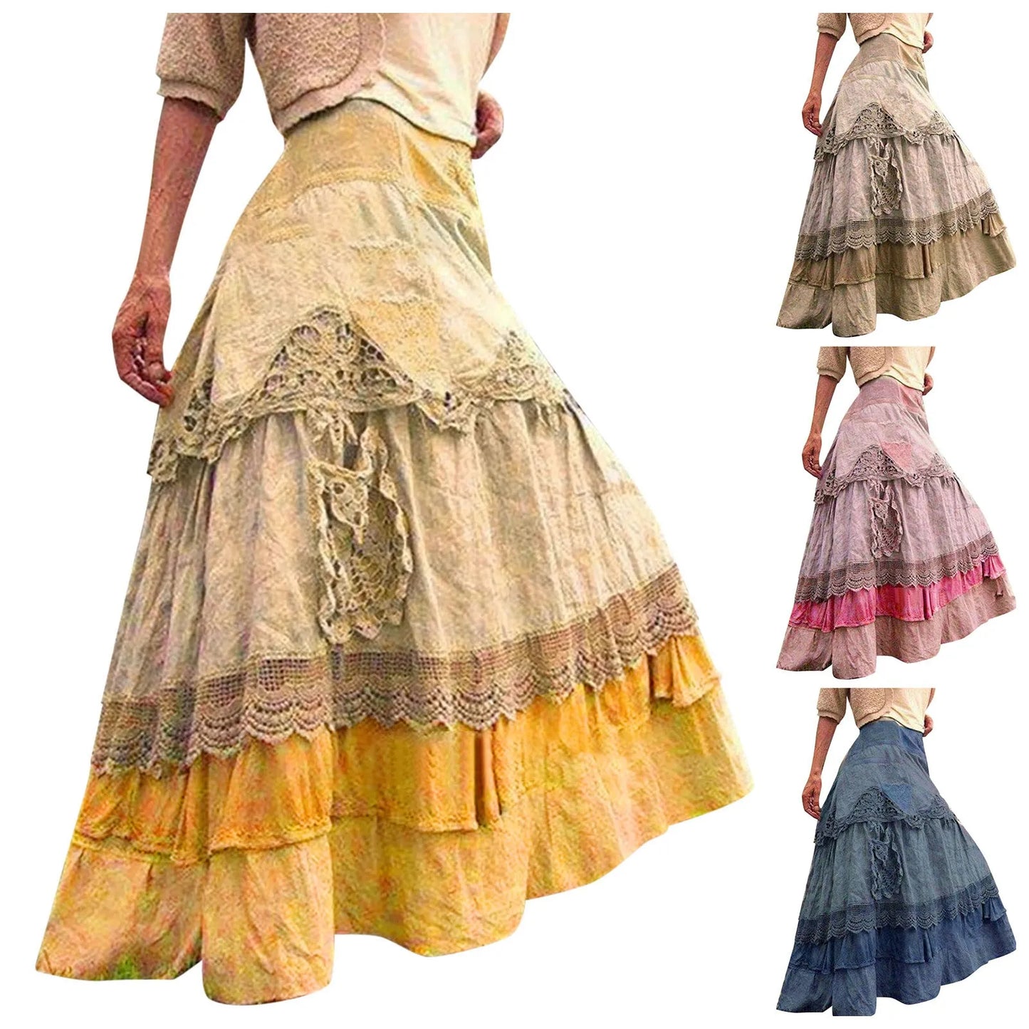 2025 Summer Long Skirt Ladies Boho Tiered Lace Maxi Skirts For Women Vintage A-Line Large Hem Skirts Faldas Para Mujeres