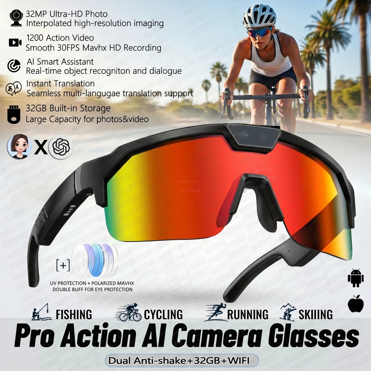 2026 New AI Smart Sports shooting&recording Glasses 800W Camera HD Anti-shake Bicycle Riding Shooting Artifact Windproof Goggles