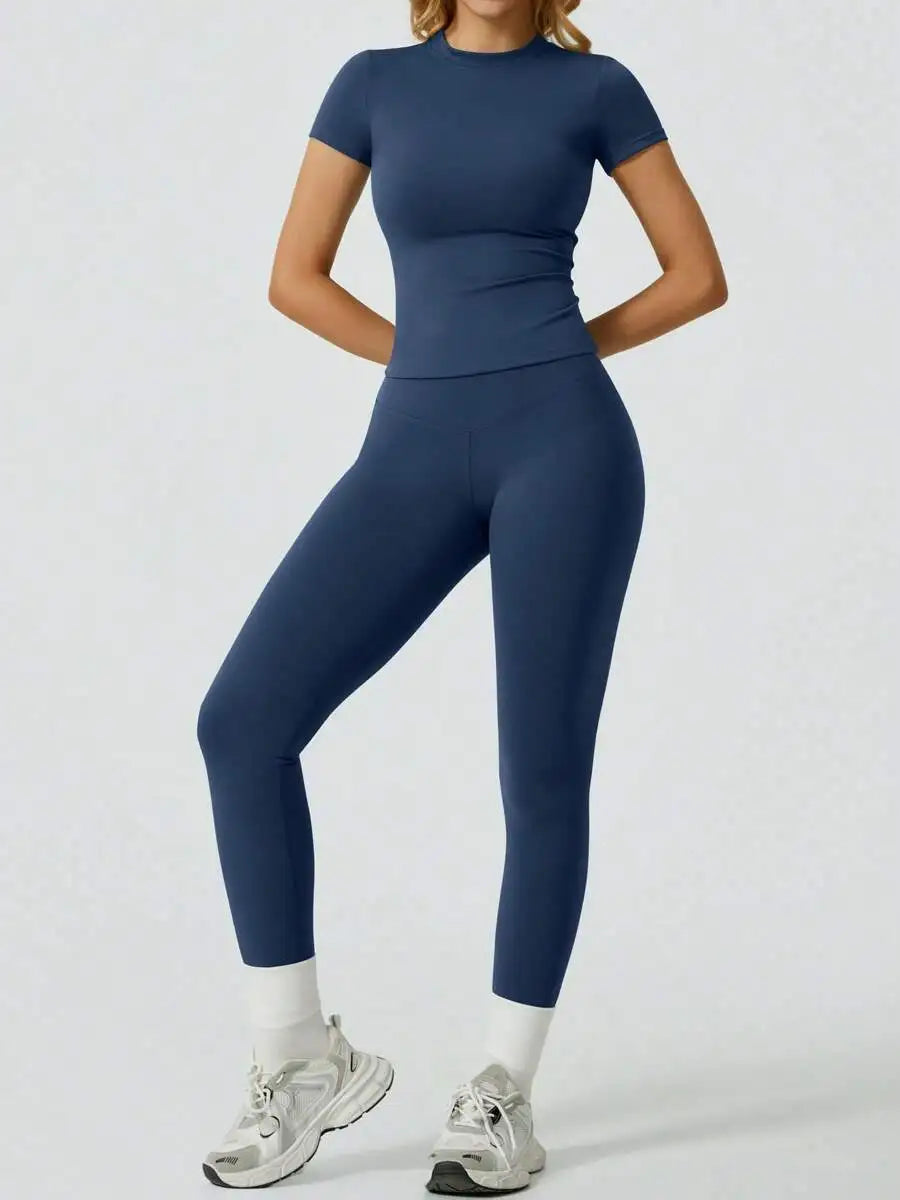 2 Piece Yoga Set Women Short Sleeve Top High Waist Leggings Gym Workout Clothing Tummy Control Fitness Sportswear Activewear Sui