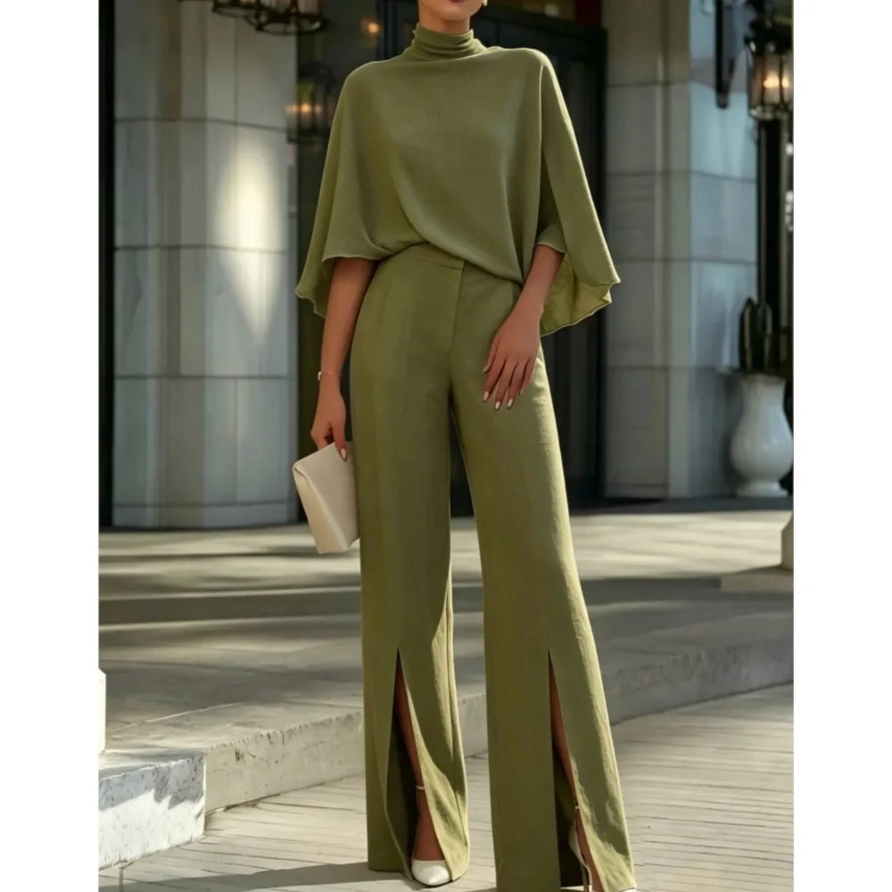 Autumn Women's Half Turtleneck Shawl Top Fashion Slit Wide Leg Trousers 2piece Suit Elegant Slim Fit Female Office Trousers Suit